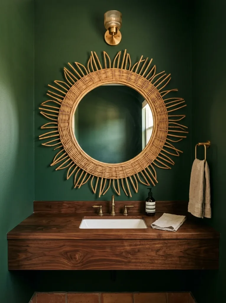 Round mirror with a sculptural rattan sunburst frame on a dark green powder room wall above a walnut counter and white undermount sink