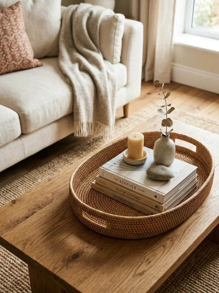 Oval woven rattan tray on a coffee table holding a book stack, pillar candle, bud vase, and pebble as a contained arrangement
