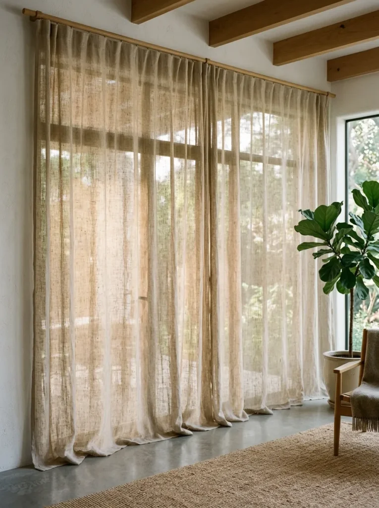 Undyed raw linen curtains hanging from ceiling height spanning the full living room window wall, diffusing warm afternoon light through the loosely woven fabric