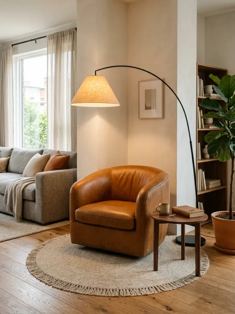 Curved caramel leather lounge chair with arc floor lamp and small round rug forming a reading corner within an open-plan living room

