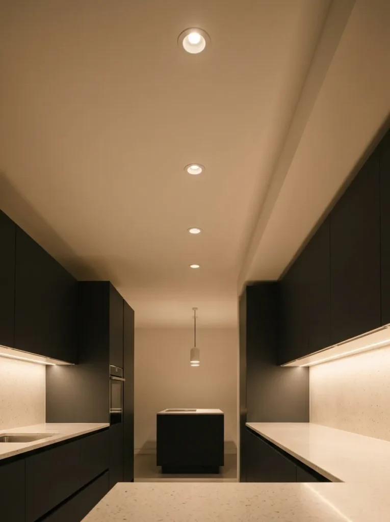 Kitchen with recessed ceiling downlights and under-cabinet LED strips illuminating a charcoal handleless kitchen, with a single ceramic cylinder pendant above the island
