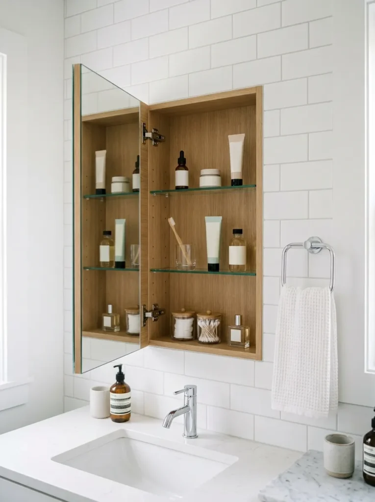 Frameless recessed medicine cabinet mirror opened at 45 degrees revealing adjustable glass shelving with toiletries, flush with subway tile wall
