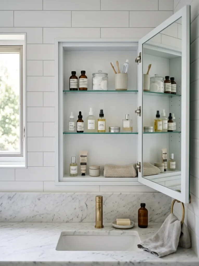 Recessed mirrored medicine cabinet open showing organized shelves in a small white bathroom