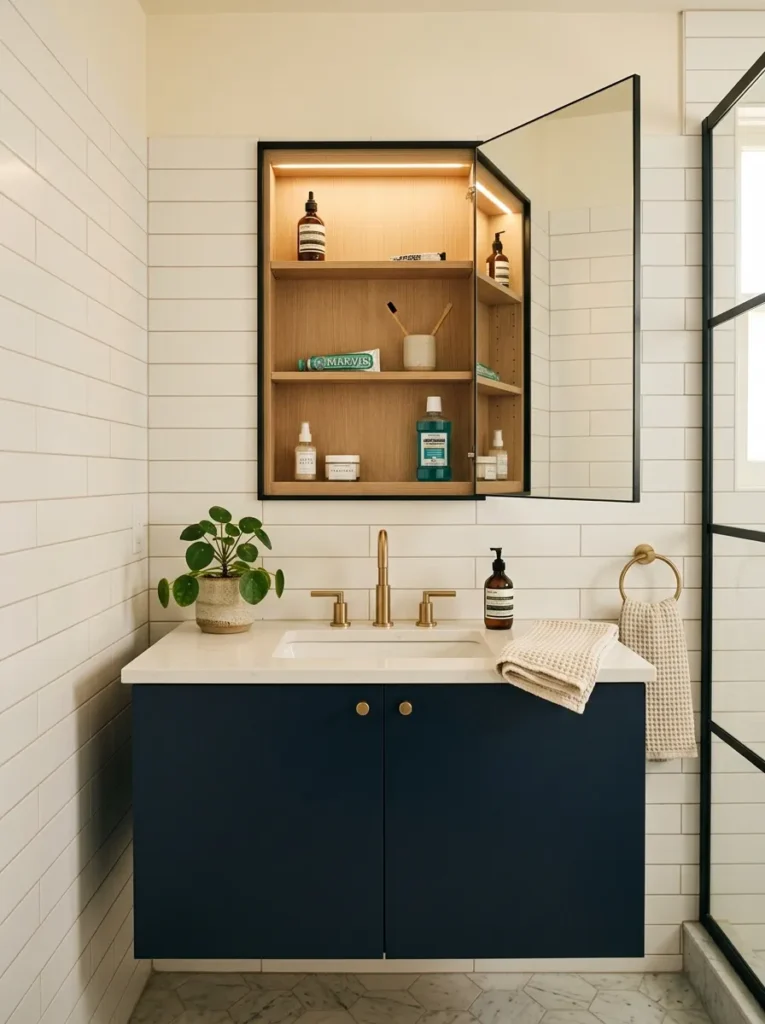 Navy bathroom vanity with recessed matte black-framed medicine cabinet built flush into white tile wall above
