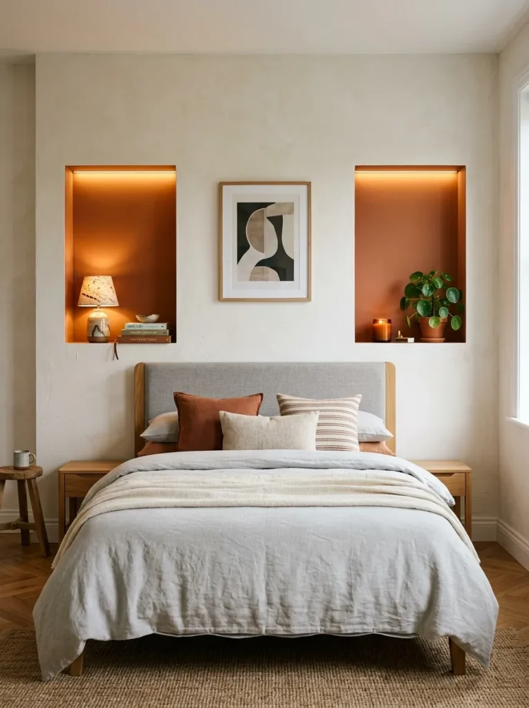 Two symmetrical recessed niches with terracotta interiors and LED strip lighting flanking a centered bed on the headboard wall
