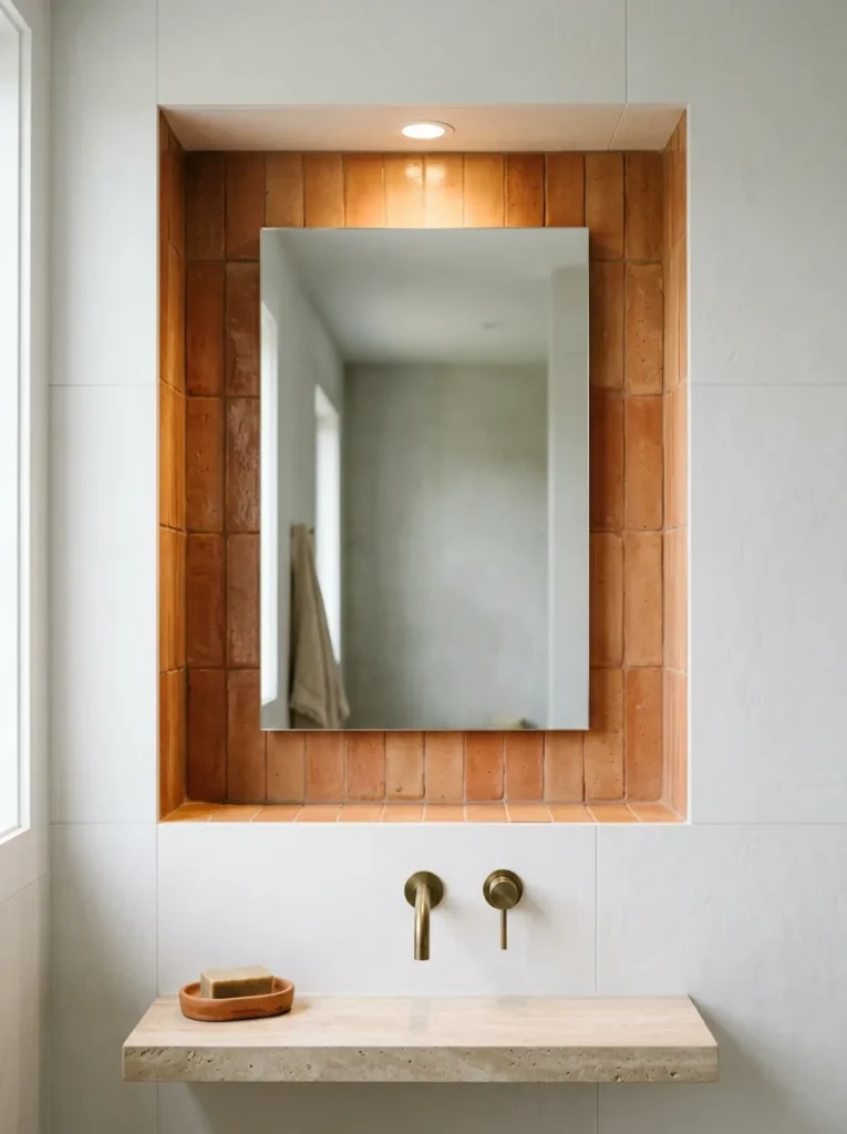 Frameless mirror installed within a terracotta-tiled recessed wall niche in a white plaster-look porcelain bathroom

