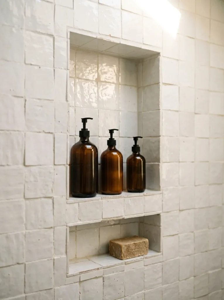 Built-in recessed shower niche tiled in white zellige holding shampoo and soap