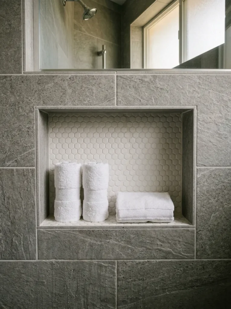 Recessed shower niche tiled in white hexagonal mosaic set into a grey stone shower wall, holding rolled washcloths and a folded hand towel flush with the wall surface
