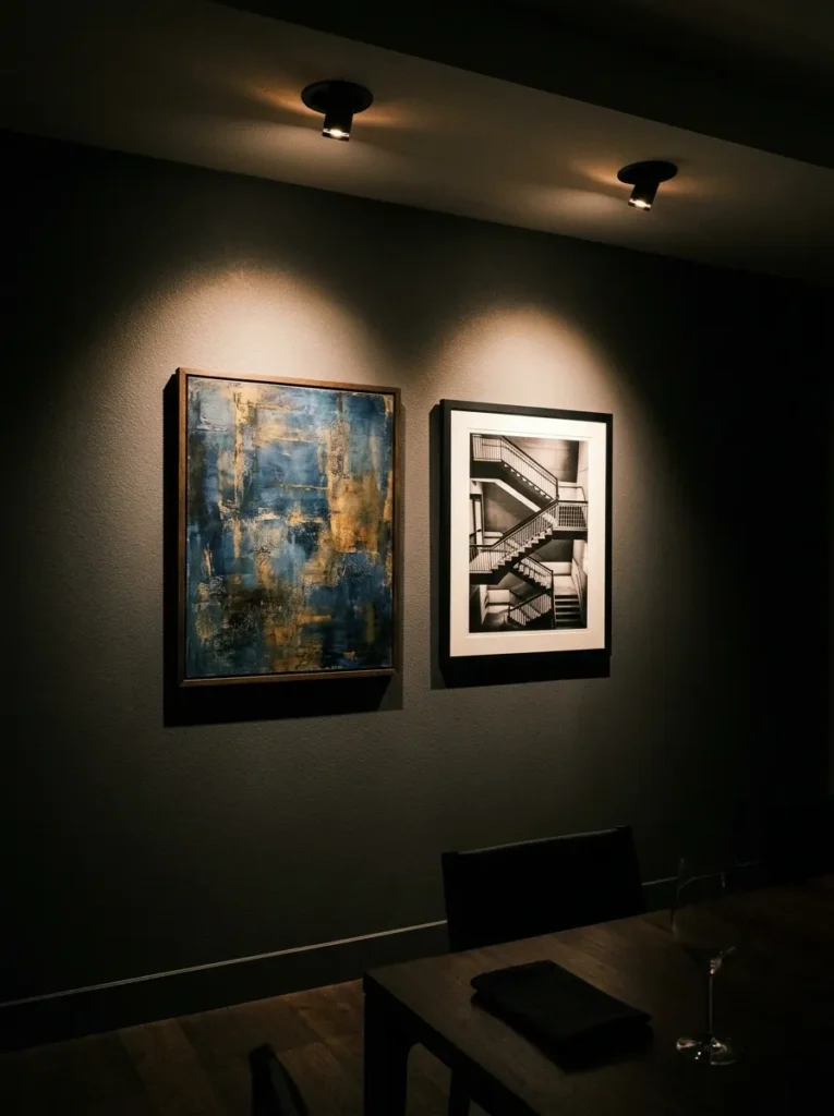 Two framed artworks on a dining room wall dramatically lit by recessed adjustable spotlights in a gallery effect, dining table in shadow below
