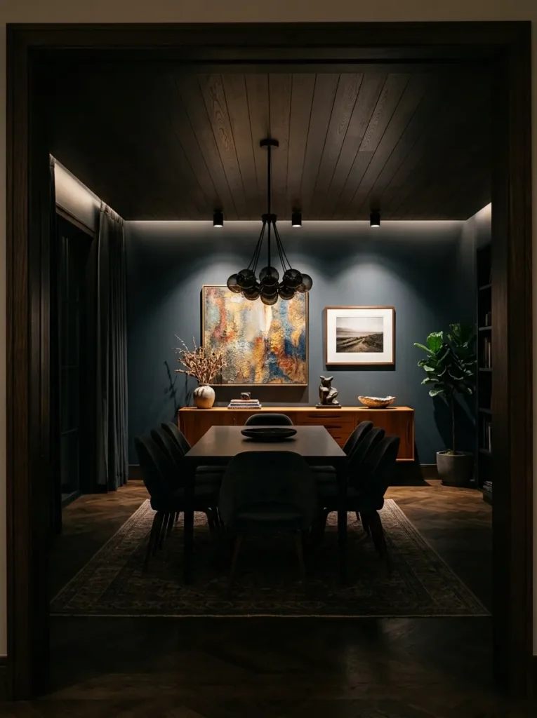 Dining room with recessed ceiling spotlights illuminating the sideboard and framed artworks on the perimeter wall, pendant above the table switched off