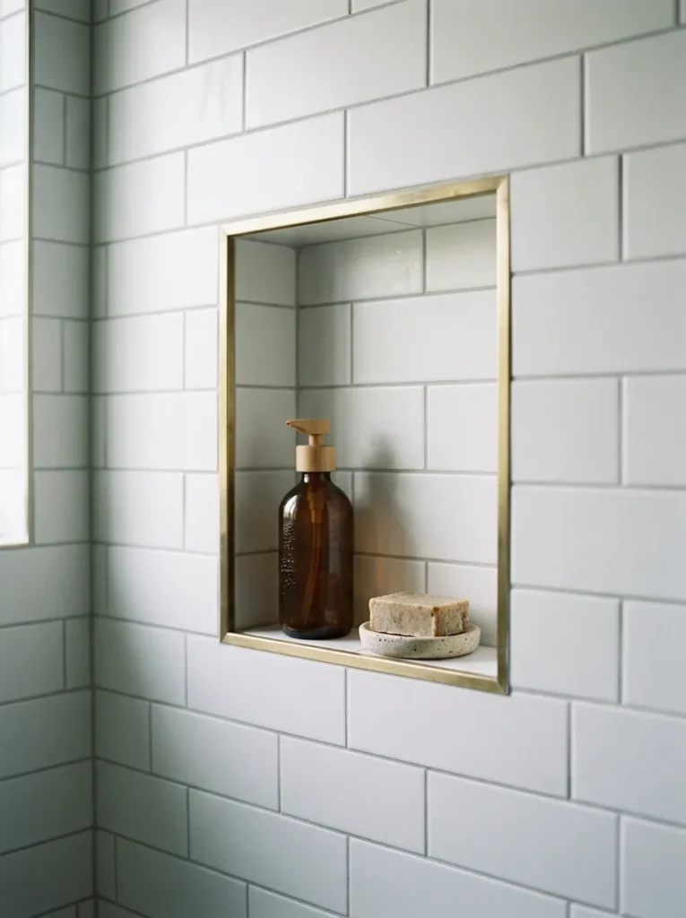 Recessed shower wall niche lined in the same matte white tile as the surrounding wall, with a slim brass edge trim and shampoo bottle inside