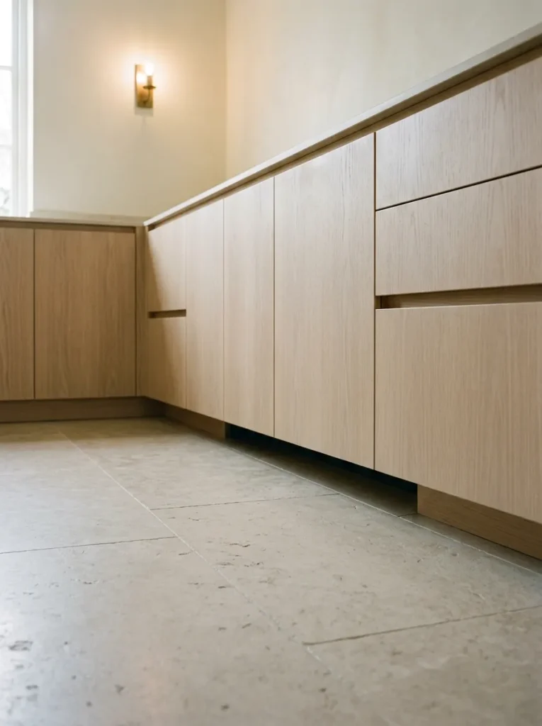 Low-angle view of kitchen base cabinetry with a deeply recessed toe kick creating a shadow gap that makes the pale ash veneer cabinets appear to float above the limestone floor
