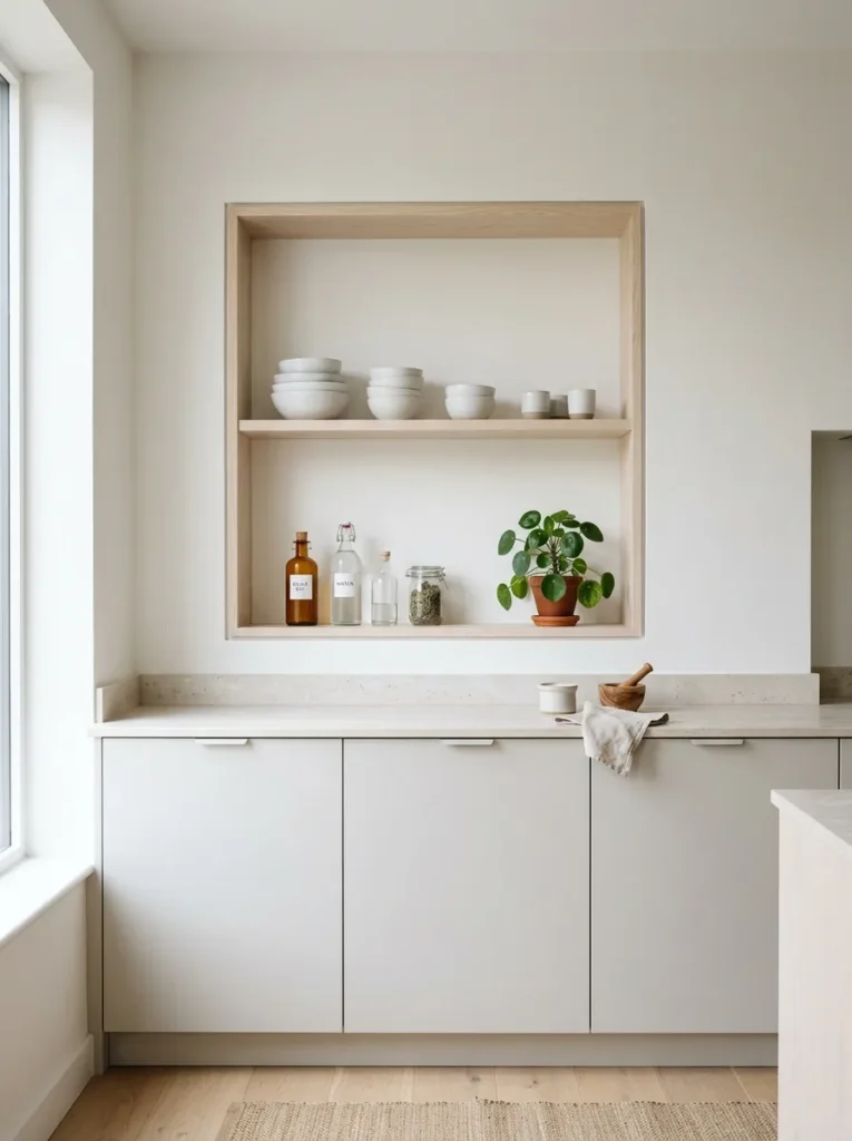 Kitchen wall with a deep architectural recess fitted with two pale ash floating shelves holding ceramics and glassware, replacing projecting upper wall cabinets
