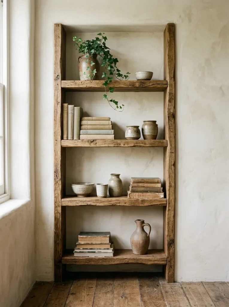 Reclaimed oak shelving unit with visible age marks and grain variation holding ceramics, plants, and books against a limewash wall