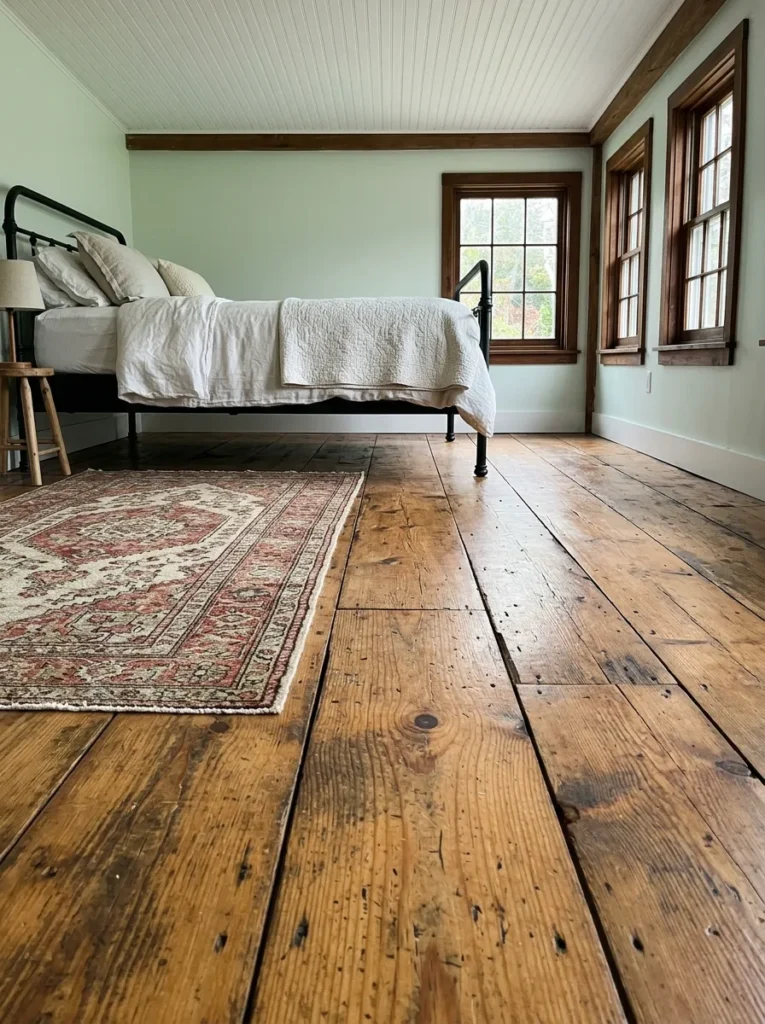  Original worn and oiled pine floorboards with a hand-knotted rug in a vintage bedroom 