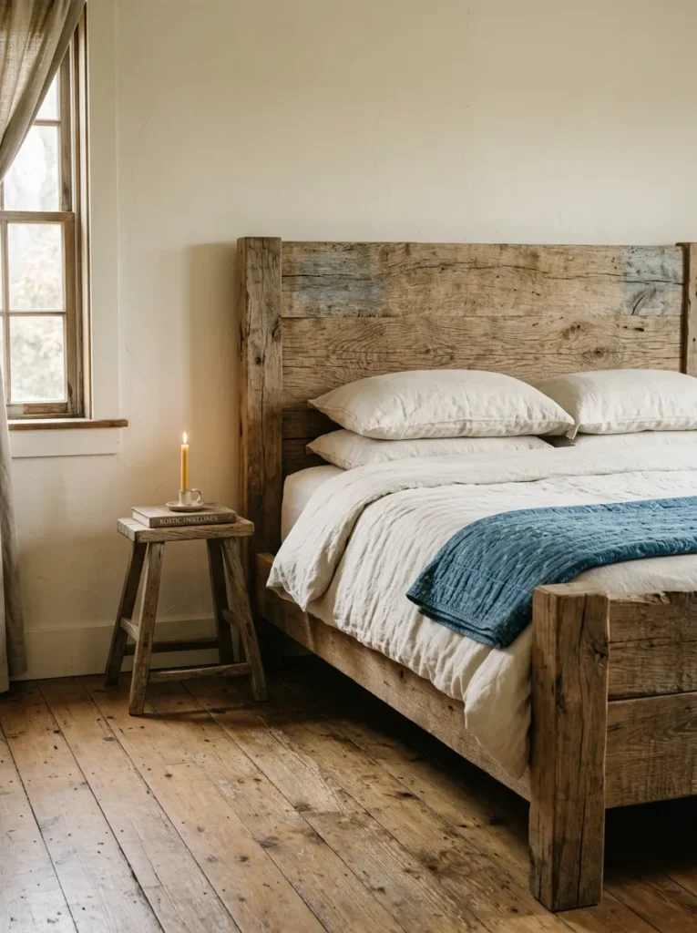 Reclaimed oak bed frame with natural weathered grain in a cream-walled farmhouse bedroom with pine plank floors