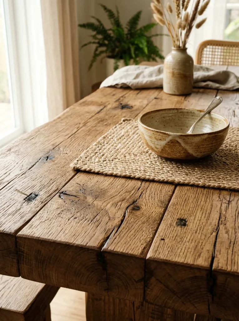 Reclaimed wood dining table surface with visible grain, saw marks, and resin-filled splits in an oiled finish under warm side light
