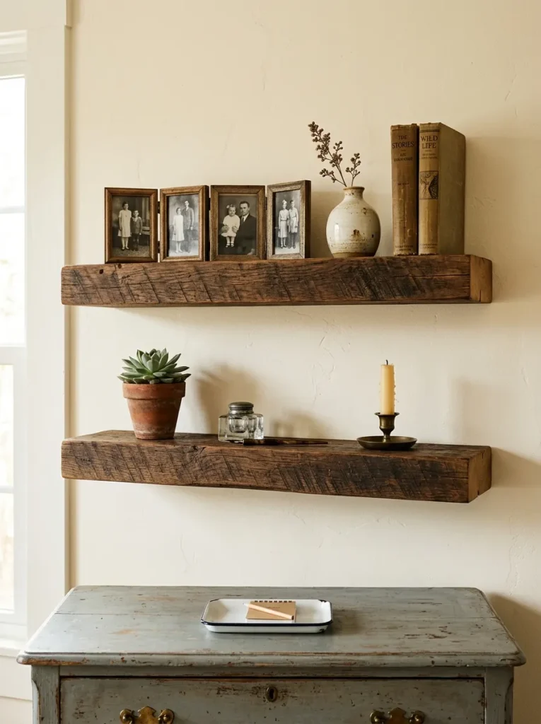 Two staggered reclaimed wood floating shelves above a vintage dresser holding framed photos, ceramic vase, and books
