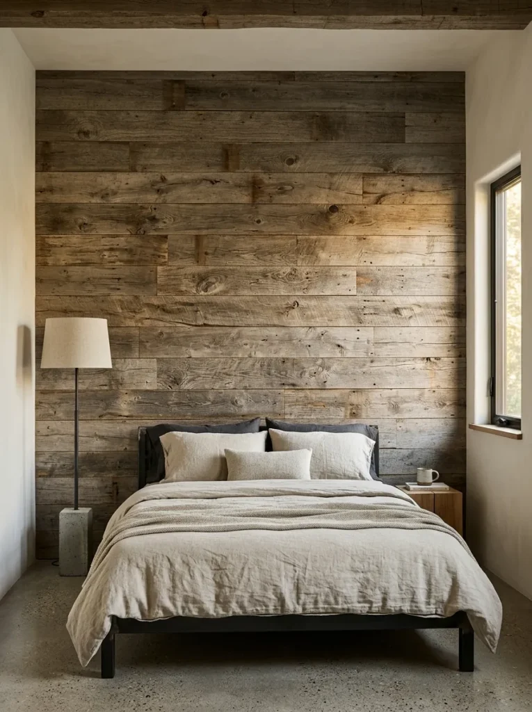 Reclaimed wood plank accent wall with varied widths and weathered grey-brown tones behind a low dark iron bed frame
