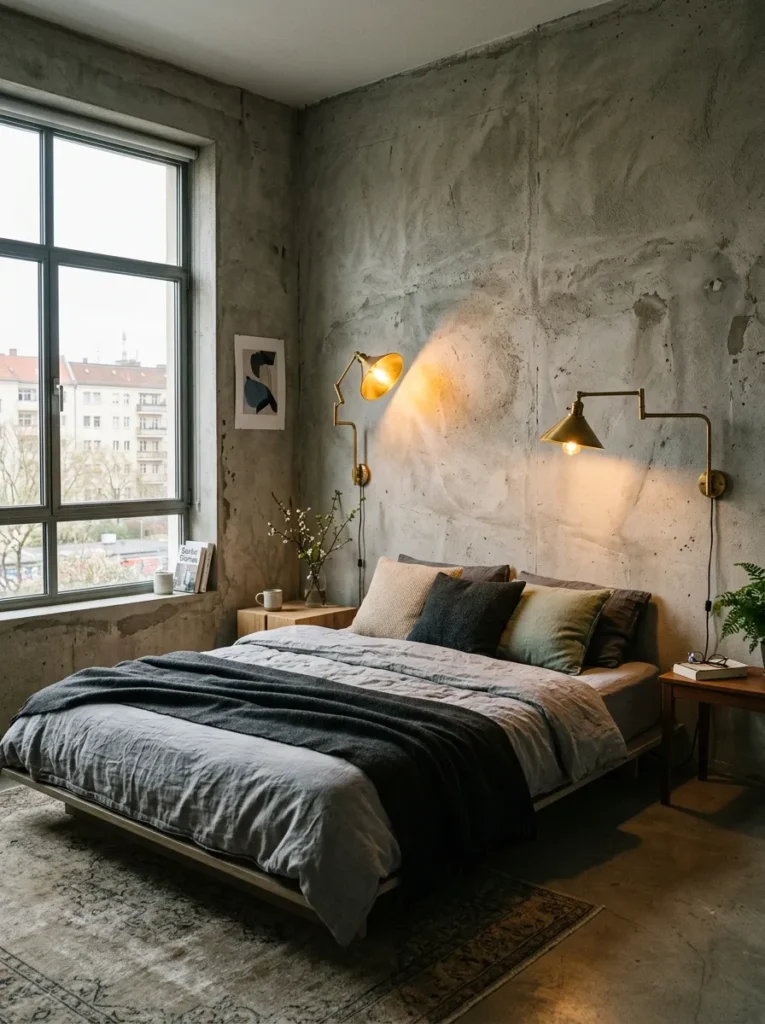 Articulating brass wall sconces mounted on either side of the headboard in a Berlin brutalist bedroom.