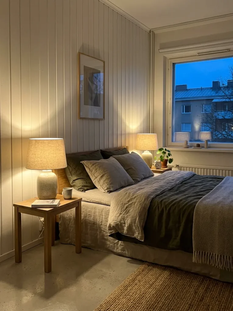Dimmable ceramic table lamps glowing warmly on nightstands in a Helsinki Nordic bedroom.