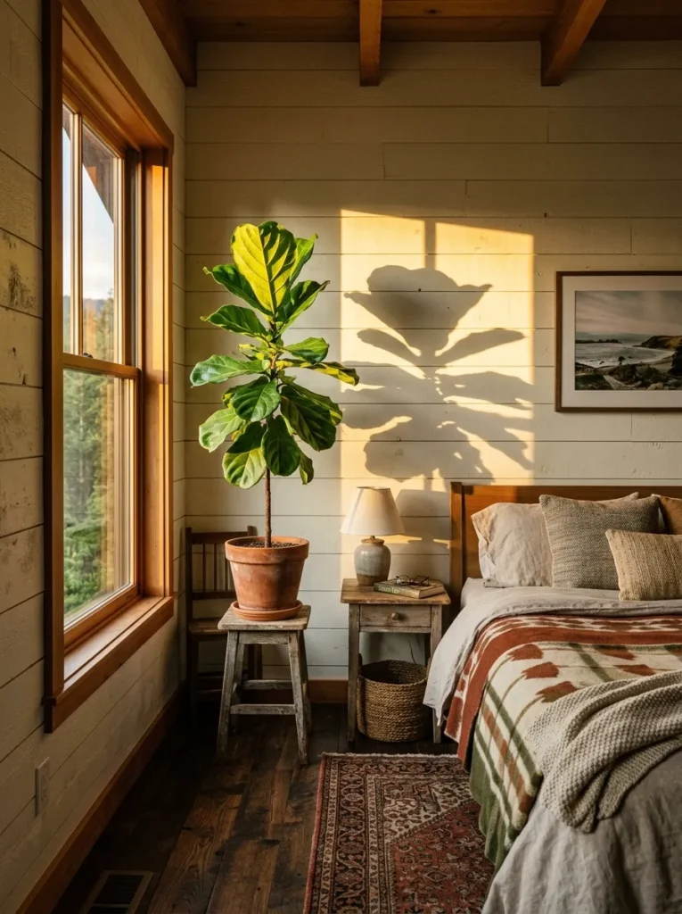 Fiddle-leaf fig on a wood stand catching golden light in a rustic farmhouse bedroom.