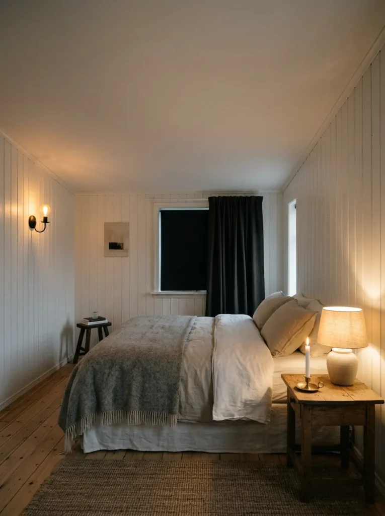 Bare ceiling with no overhead fixture lit by a sconce and candle in a Reykjavik minimalist bedroom.