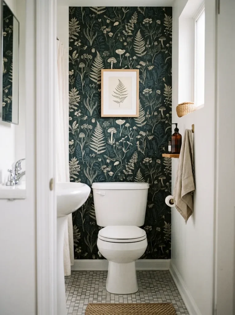 Removable dark botanical wallpaper on the wall behind the toilet in a compact bathroom, remaining walls plain white
