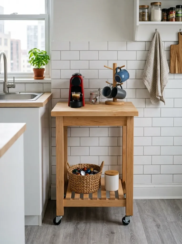 Small wooden kitchen cart with a butcher block top used as a renter-friendly coffee station