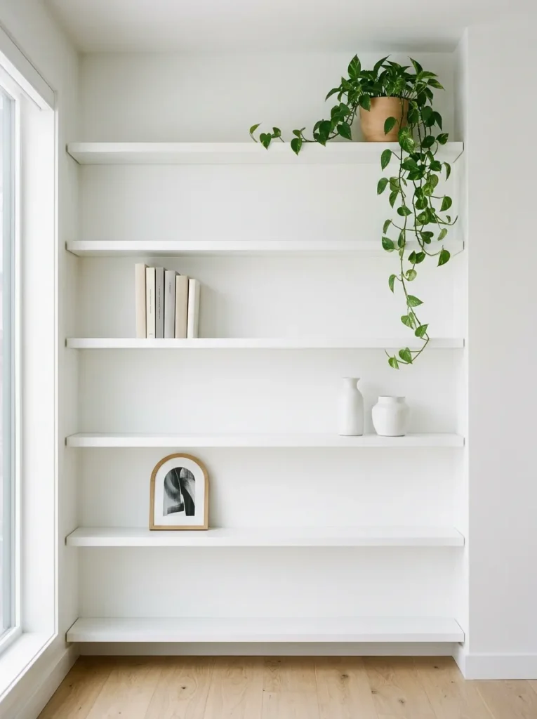White living room shelving unit styled with restraint — a few books, white ceramic vessels, and a trailing plant with deliberate negative space