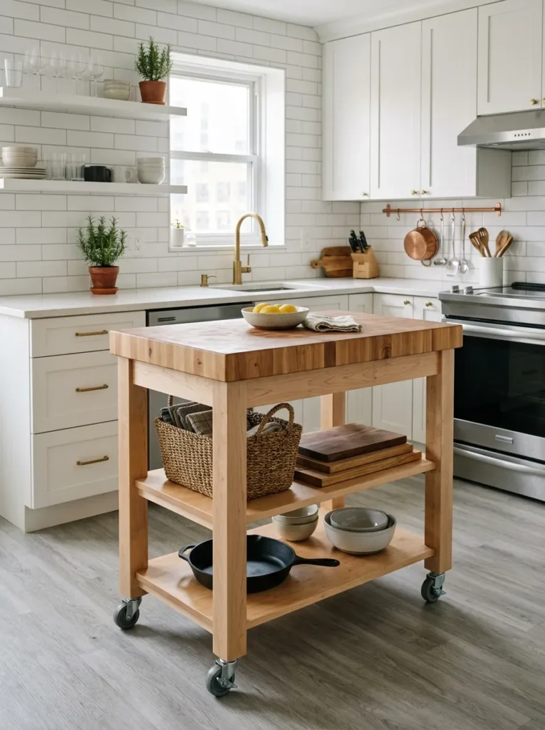 Freestanding rolling butcher block kitchen island on locking casters in a small kitchen