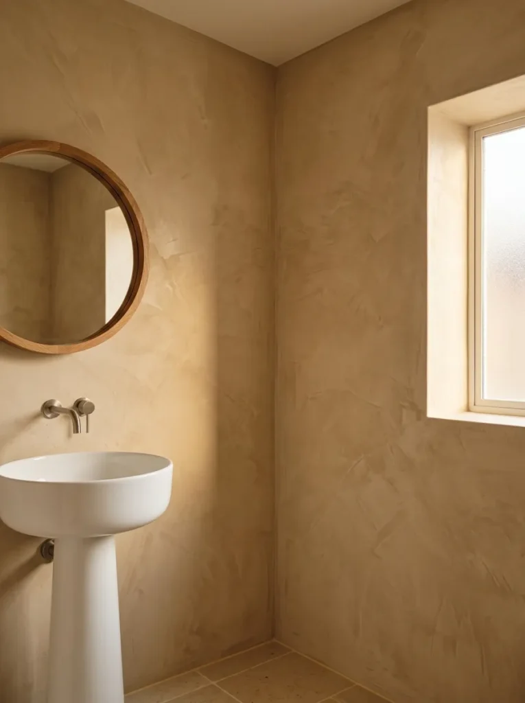 Warm Roman clay bathroom walls in sandy beige with visible layered texture, white ceramic pedestal basin and round oak mirror
