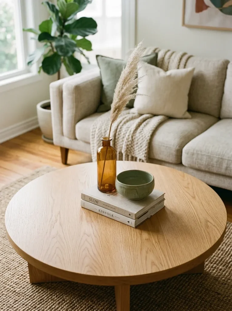 Round oak coffee table with a central cluster of an amber vase, sage green bowl, and book stack, surrounded by a generous clear perimeter
