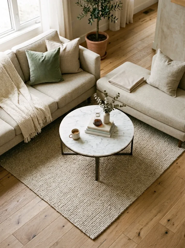 Round marble-top coffee table in the inner angle of an L-shaped sectional with clear clearance on all accessible sides, viewed from above