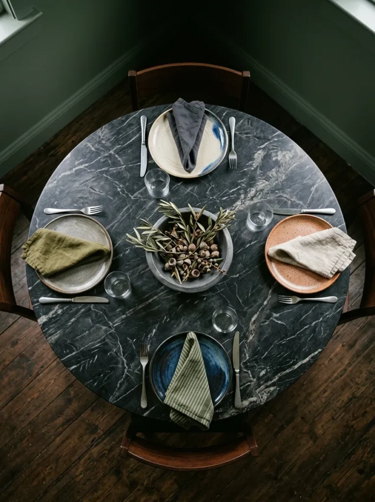 Round dark marble dining table with four mismatched ceramic place settings and a centrepiece bowl, photographed from directly above in a sage room
