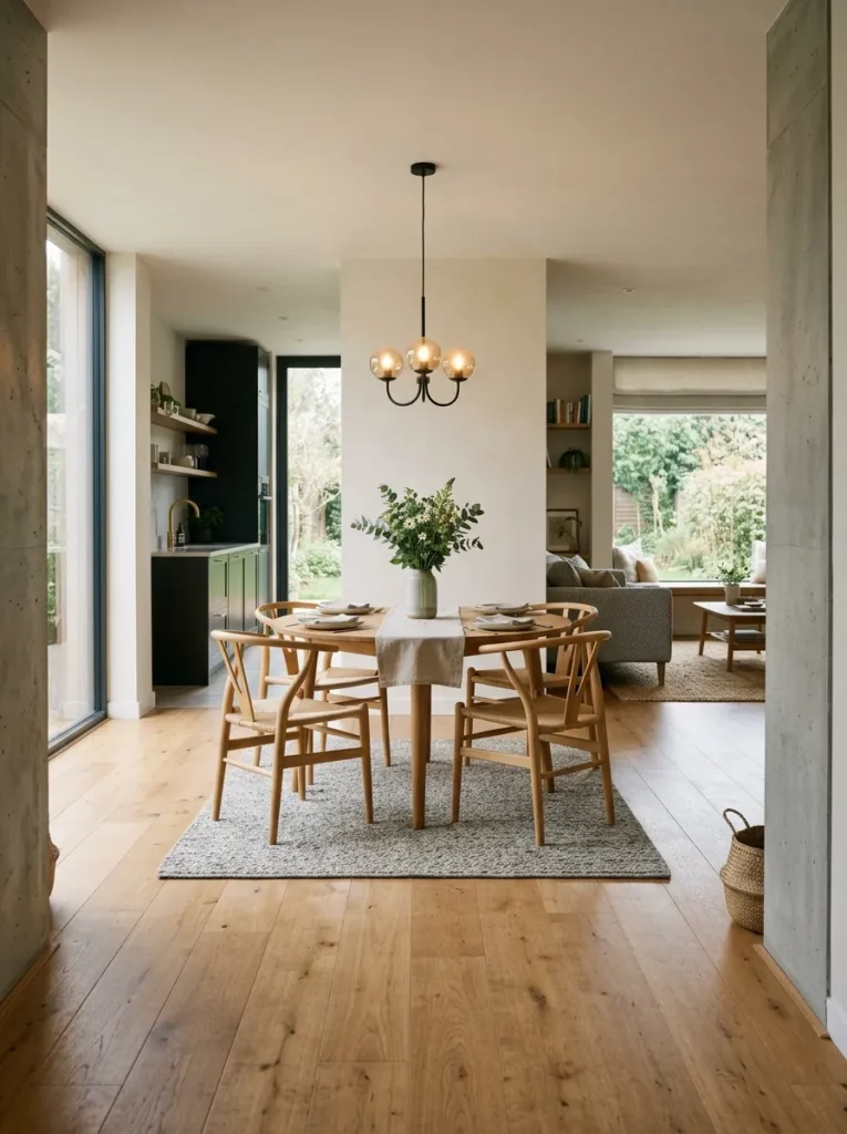 Round oak dining table in an open-plan dining zone with generous circulation clearance on all sides and the living area rug visible beyond
