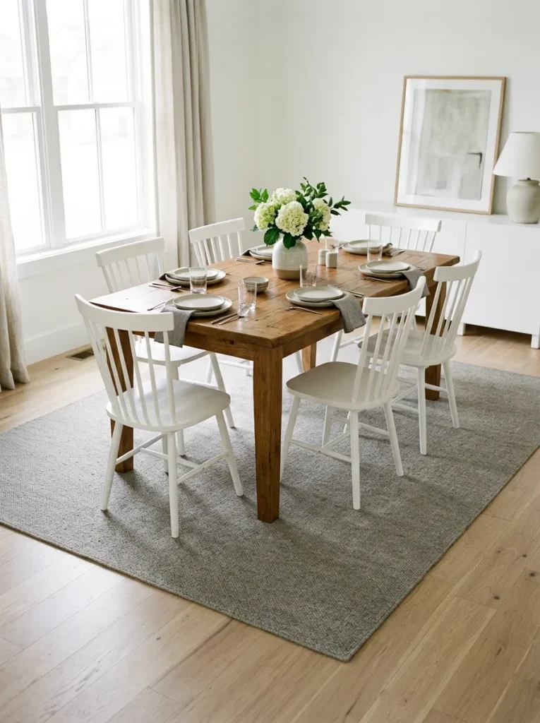 Round walnut pedestal dining table with four cream chairs sitting on a large round jute rug, showing how matching table and rug shapes create visual harmony
