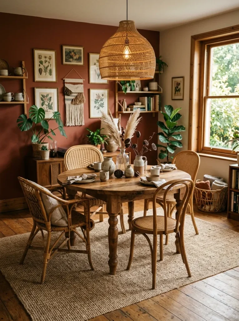 Round mango wood dining table with chunky turned legs, rattan chairs, jute rug, and dried pampas centrepiece in a bohemian dining room
