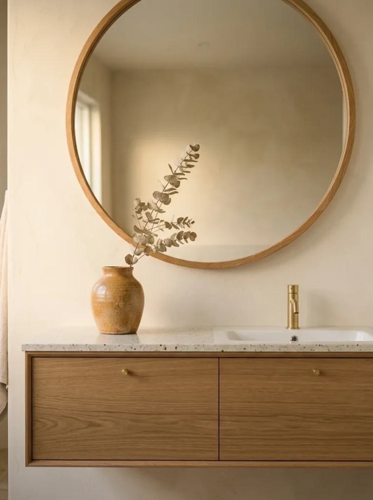 Large round mirror with thin oak frame above a bathroom vanity, reflection showing frosted window light, dried eucalyptus stem on counter