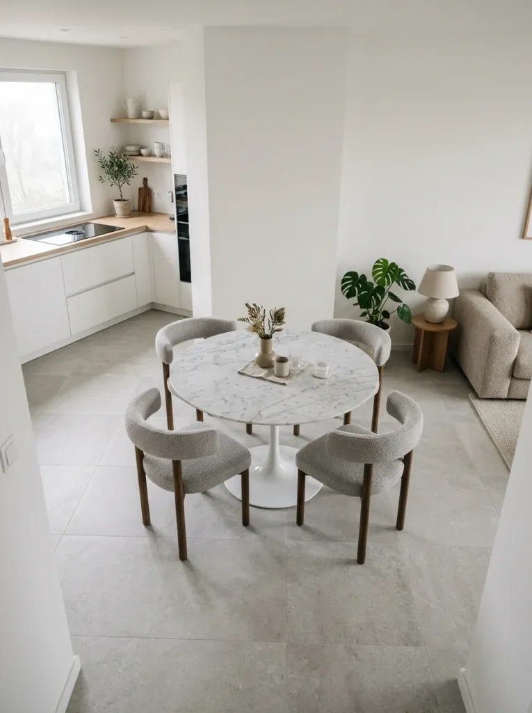 Round marble-top dining table with pedestal base and four curved chairs in a compact open plan, with clear circulation space on all sides