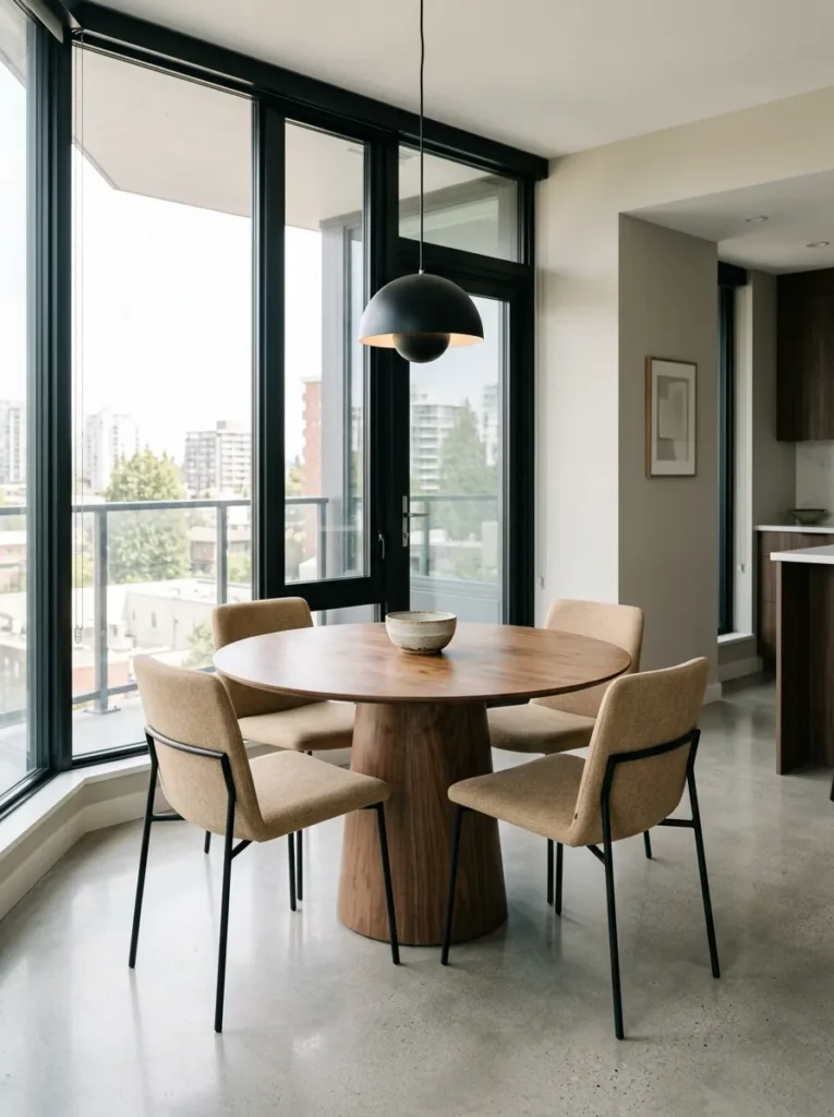 Round dining table with four chairs anchoring an open-plan apartment corner under a pendant light
