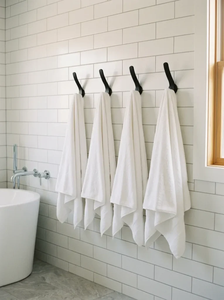 Row of four evenly spaced matte black towel hooks on white tile, each holding a neatly folded white bath towel with a freestanding tub visible at the edge
