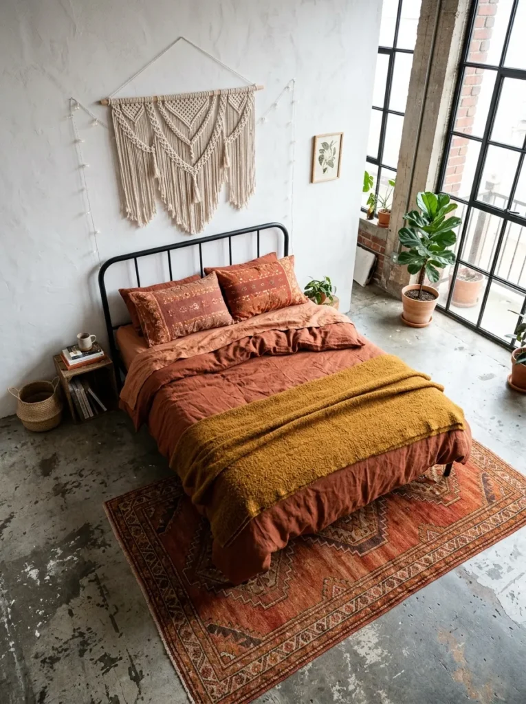  Bedroom with white walls and a bed layered in rust, ochre, and burnt orange earthy textiles