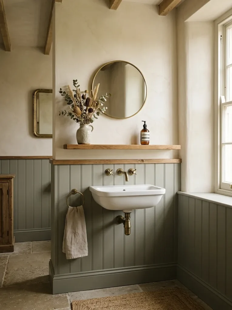 Bathroom with grey-sage painted dado paneling below and warm cream limewash plaster above, brass wall tap and dried botanical stems on shelf
