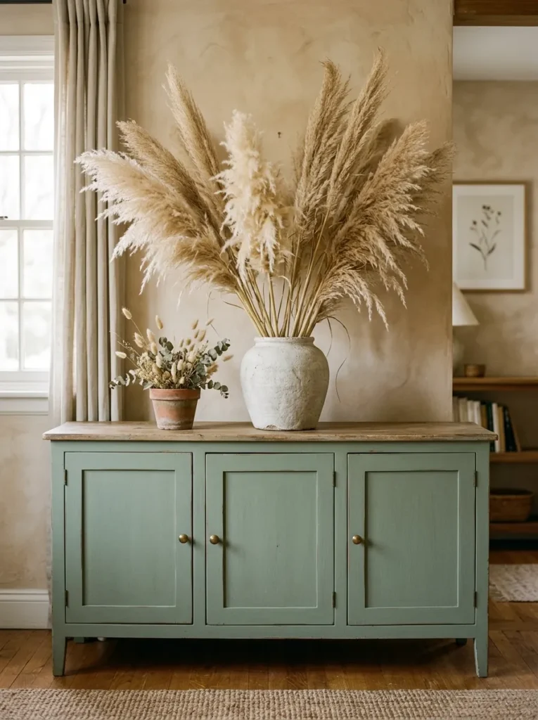 Sage green buffet cabinet with a large dried pampas grass arrangement in an oversized stone ceramic vessel, with a small terracotta potted plant beside it

