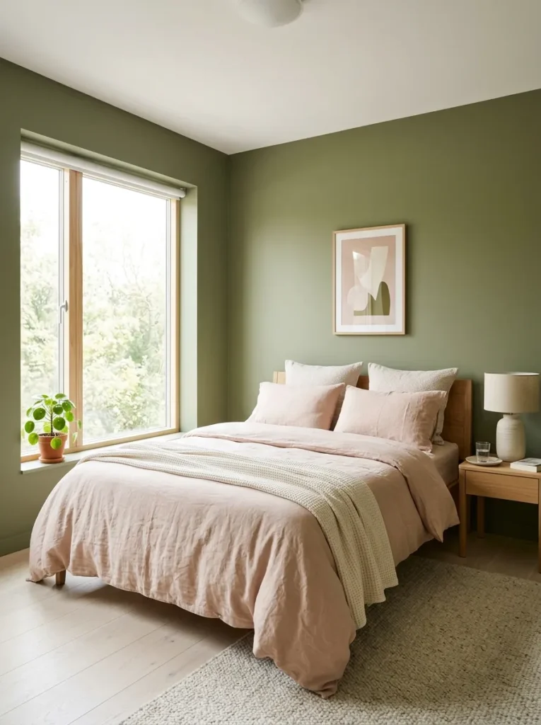 Feminine bedroom with warm sage green walls and blush linen bedding as a two-tone palette