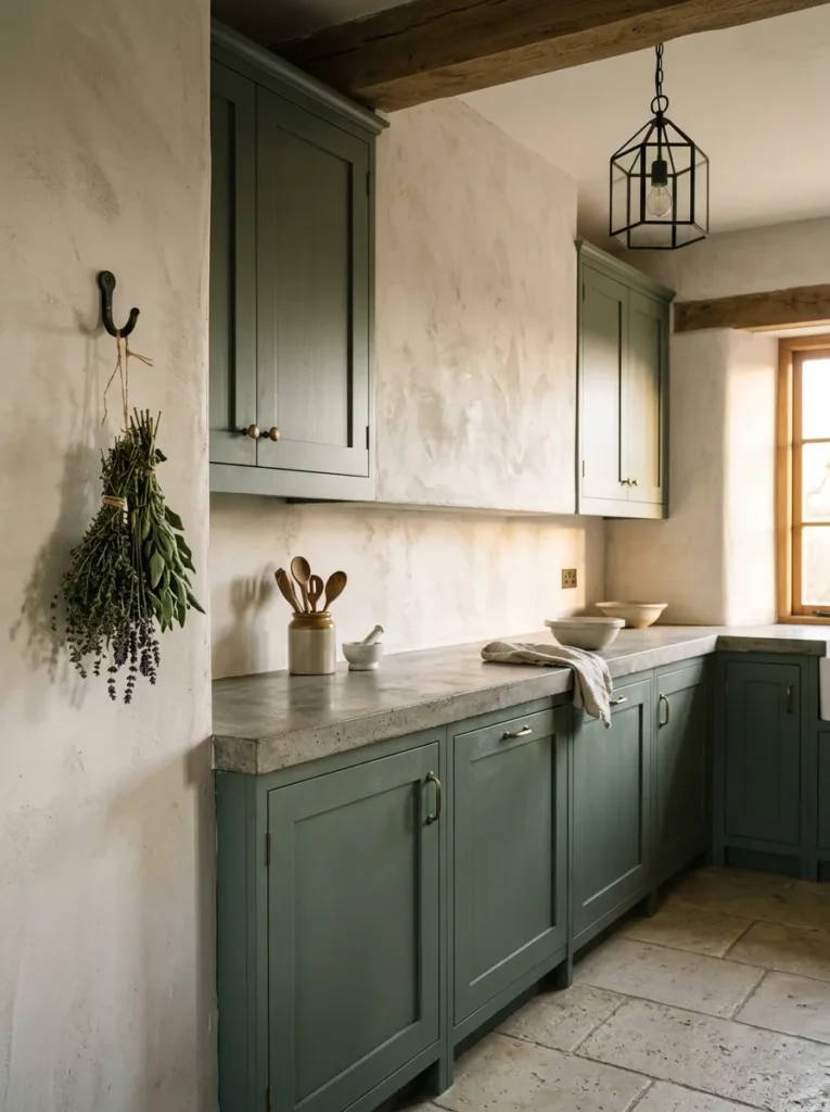 Dark sage green kitchen cabinets beneath textured limewash plaster walls with a raw concrete countertop and iron lantern
