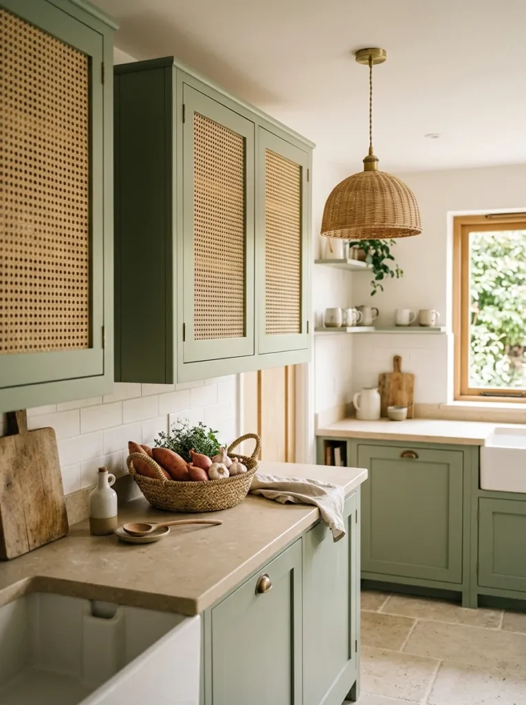 Sage green kitchen cabinets with rattan cane-front inserts and a woven pendant shade in a light-filled kitchen
