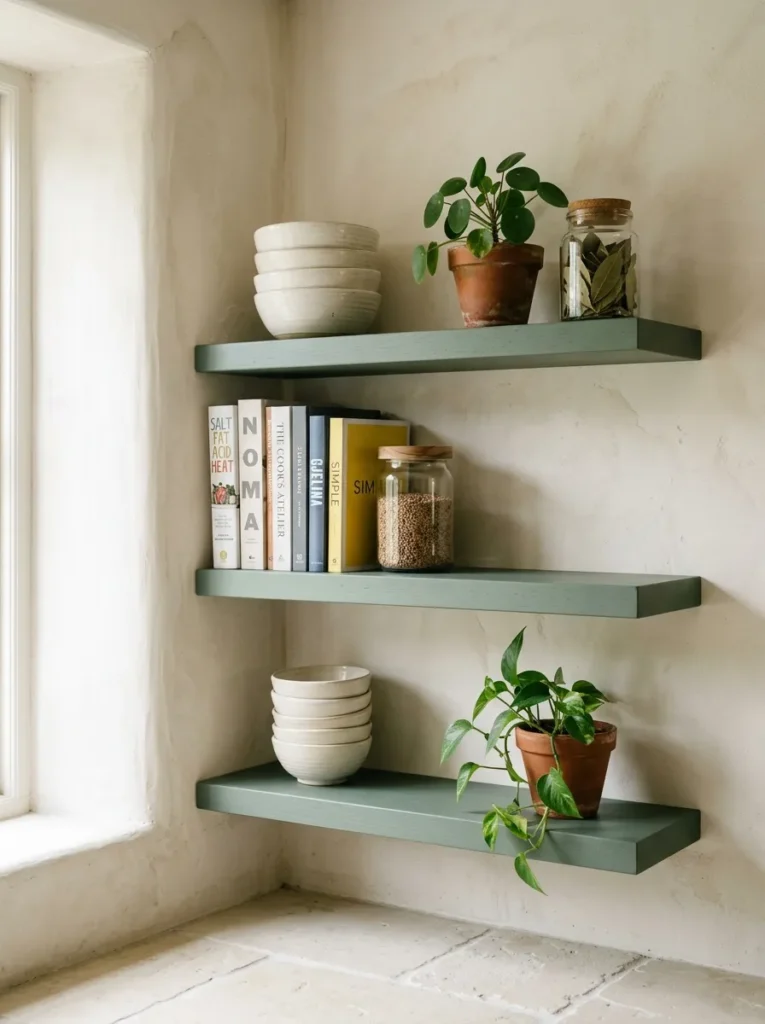 Sage green painted floating shelves against a limewash wall styled with cream bowls, a small plant, and cookbooks
