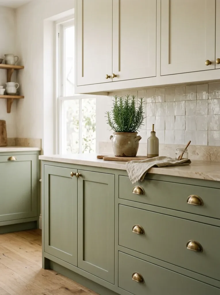 Sage green matte lacquer lower kitchen cabinets with aged brass cup handles and cream stone countertop in soft daylight
